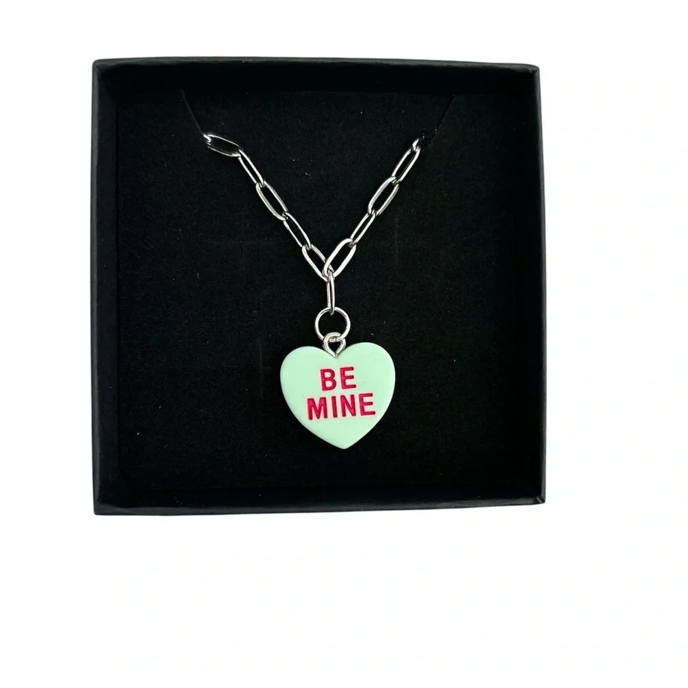 Conversation Hearts Be Mine Mint Green Heart Charm Silver Necklace Chain